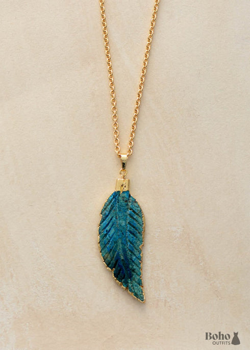 Boho Necklace, Blue Ocean Japser Leaf Pendant